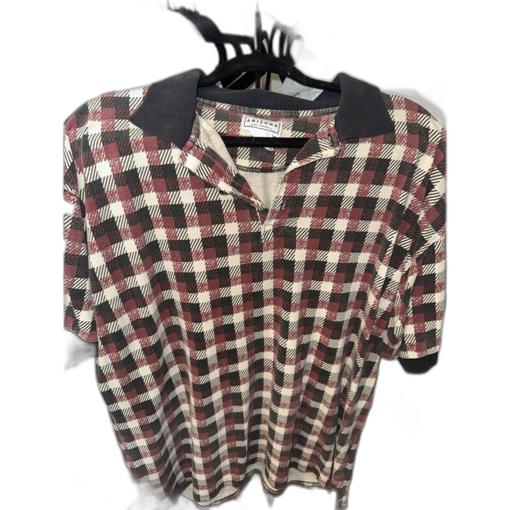 Vintage Arizona Jean Company Men's Large Polo Red Black Tan Check Design Tee Top